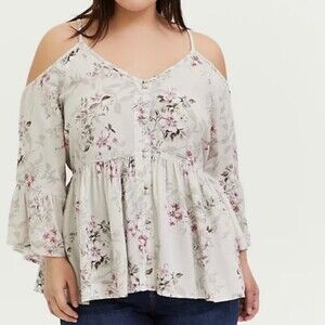 Torrid Floral Cold Shoulder Blouse Babydoll Size 0/L/12 Feminine Flowy